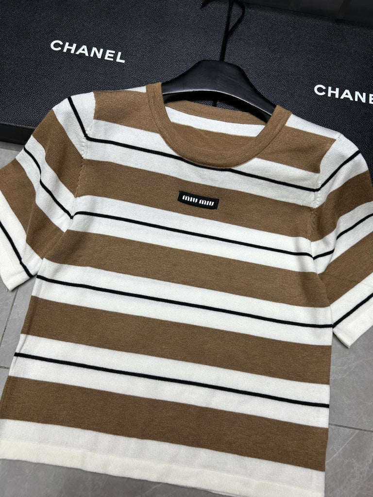 Pre-Order | Striped Knit Short Sleeve Top – Camel & Cream