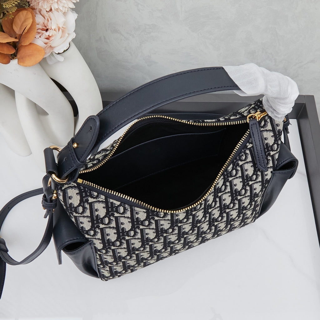 Pre-Order | Navy Patterned Shoulder Bag with Leather Trim