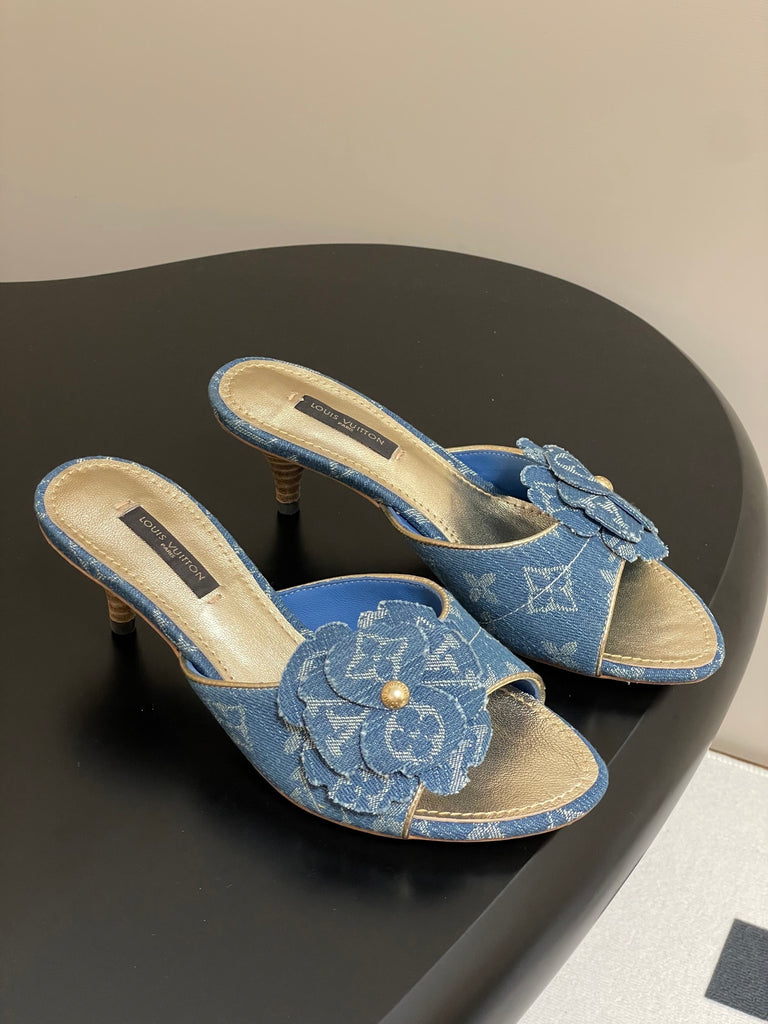 Pre-Order | Denim Floral Kitten Heel Sandals – Blue