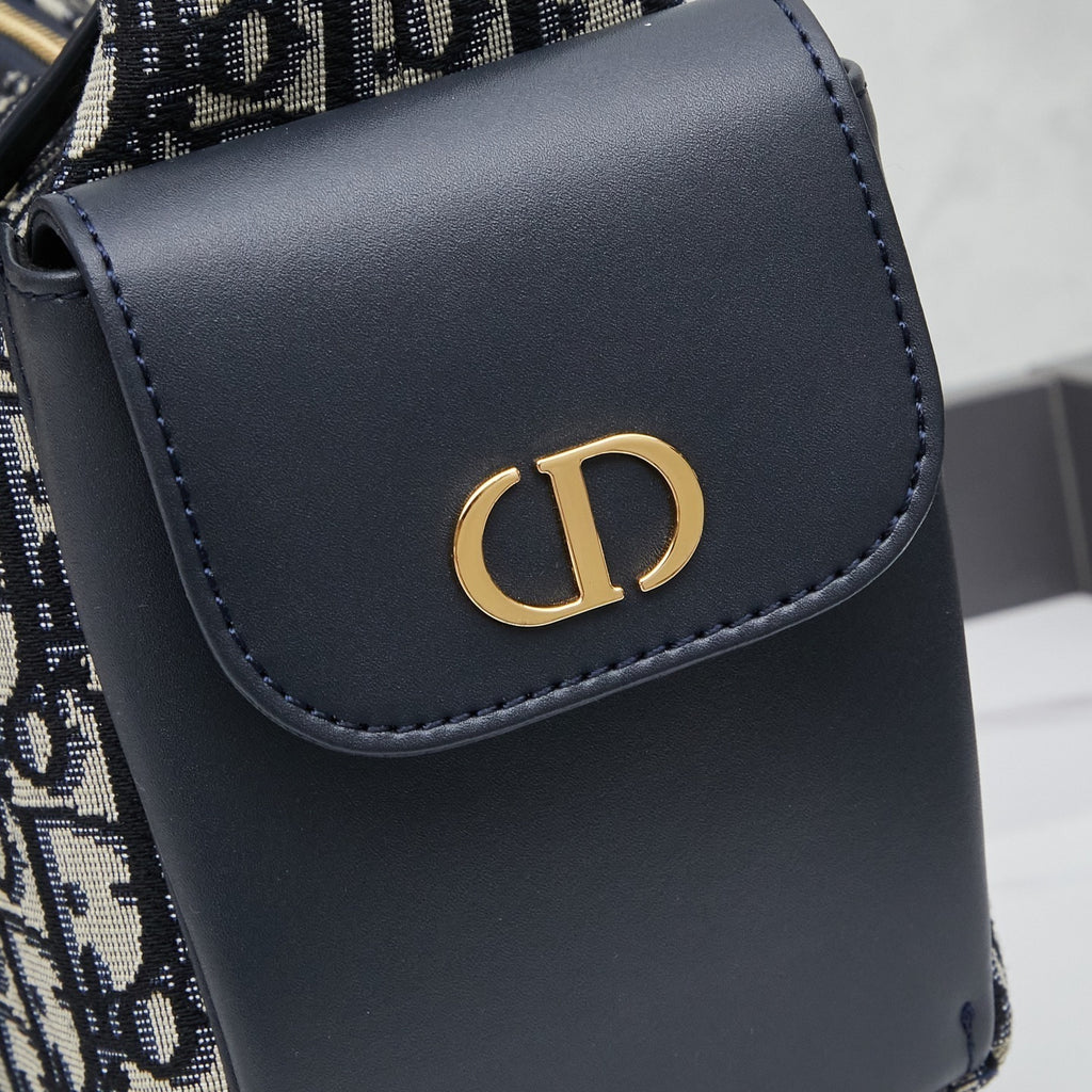 Pre-Order | Navy Patterned Shoulder Bag with Leather Trim