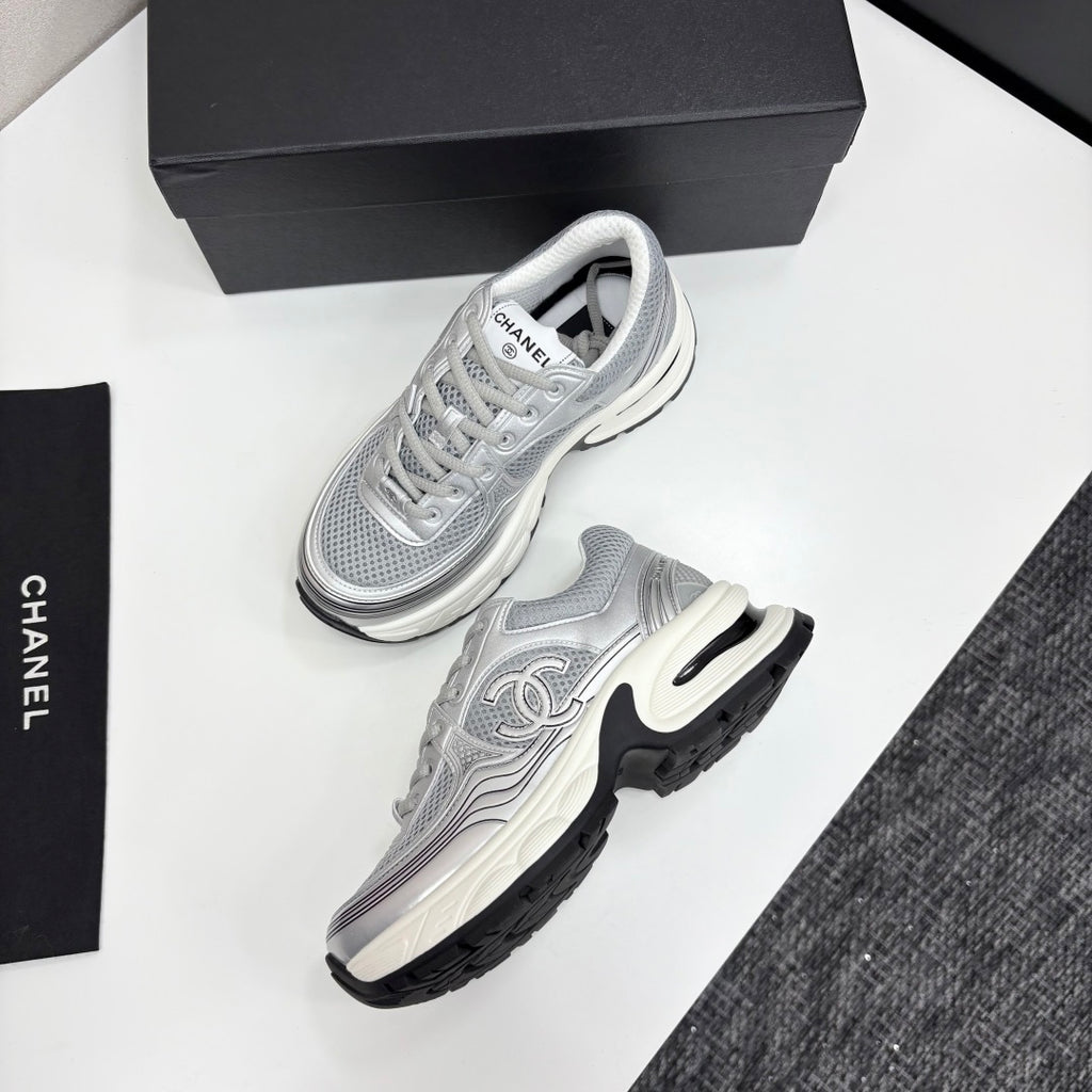 Pre-Order | Metallic Mesh Chunky Trainers – Silver