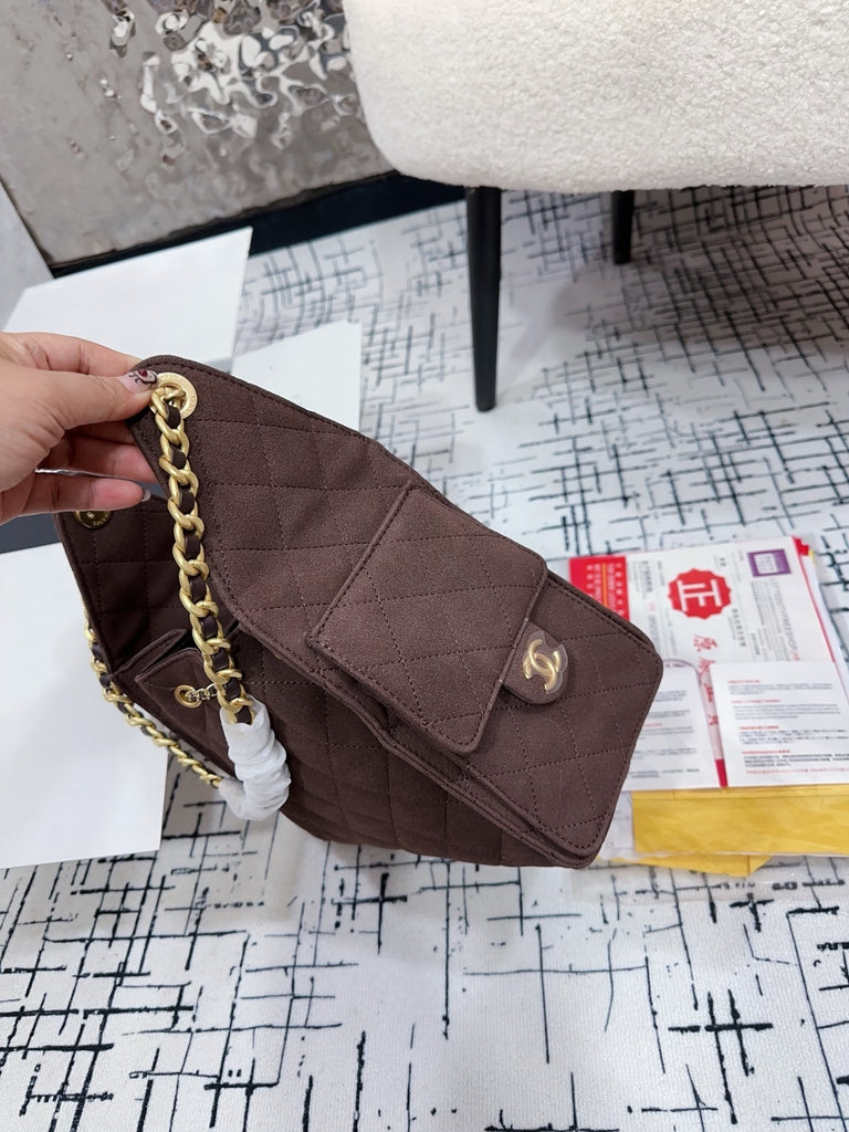 PRE ORDER Brown Quilted Drawstring Tote with Gold Hardware